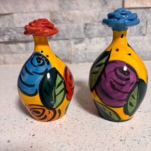 Signed Hand Painted Vibrant Floral Vase Design Salt & Pepper Shakers Whimsical